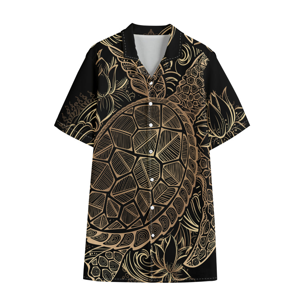 Black And Gold Sea Turtle Print Cotton Hawaiian Shirt