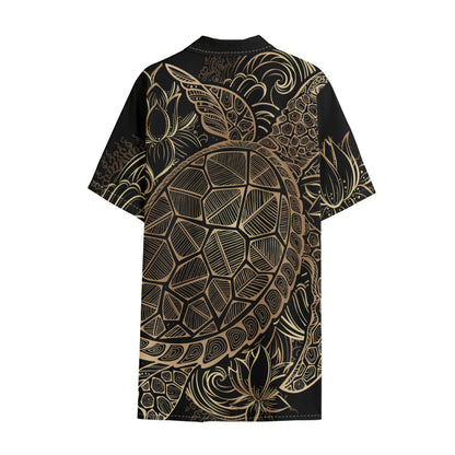 Black And Gold Sea Turtle Print Cotton Hawaiian Shirt