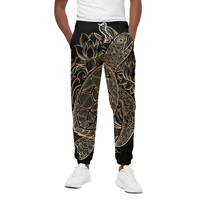 Black And Gold Sea Turtle Print Cotton Pants