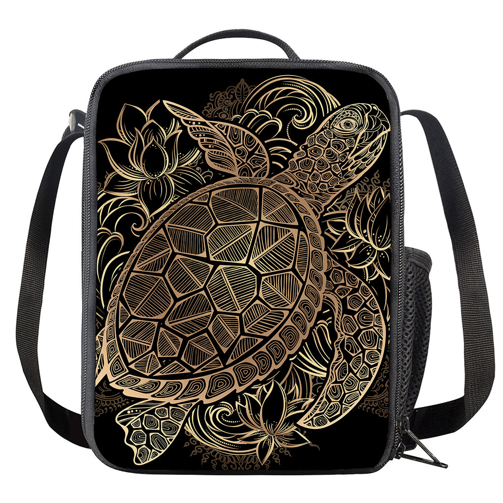 Black And Gold Sea Turtle Print Crossbody Lunch Bag