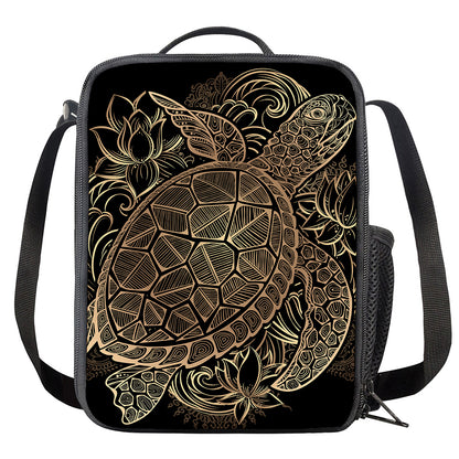 Black And Gold Sea Turtle Print Crossbody Lunch Bag