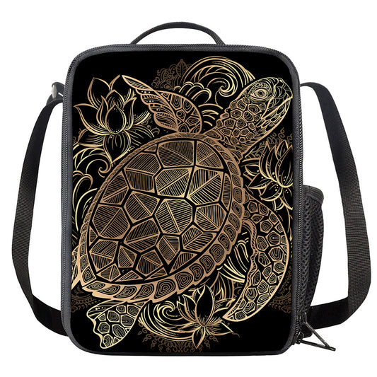 Black And Gold Sea Turtle Print Crossbody Lunch Bag