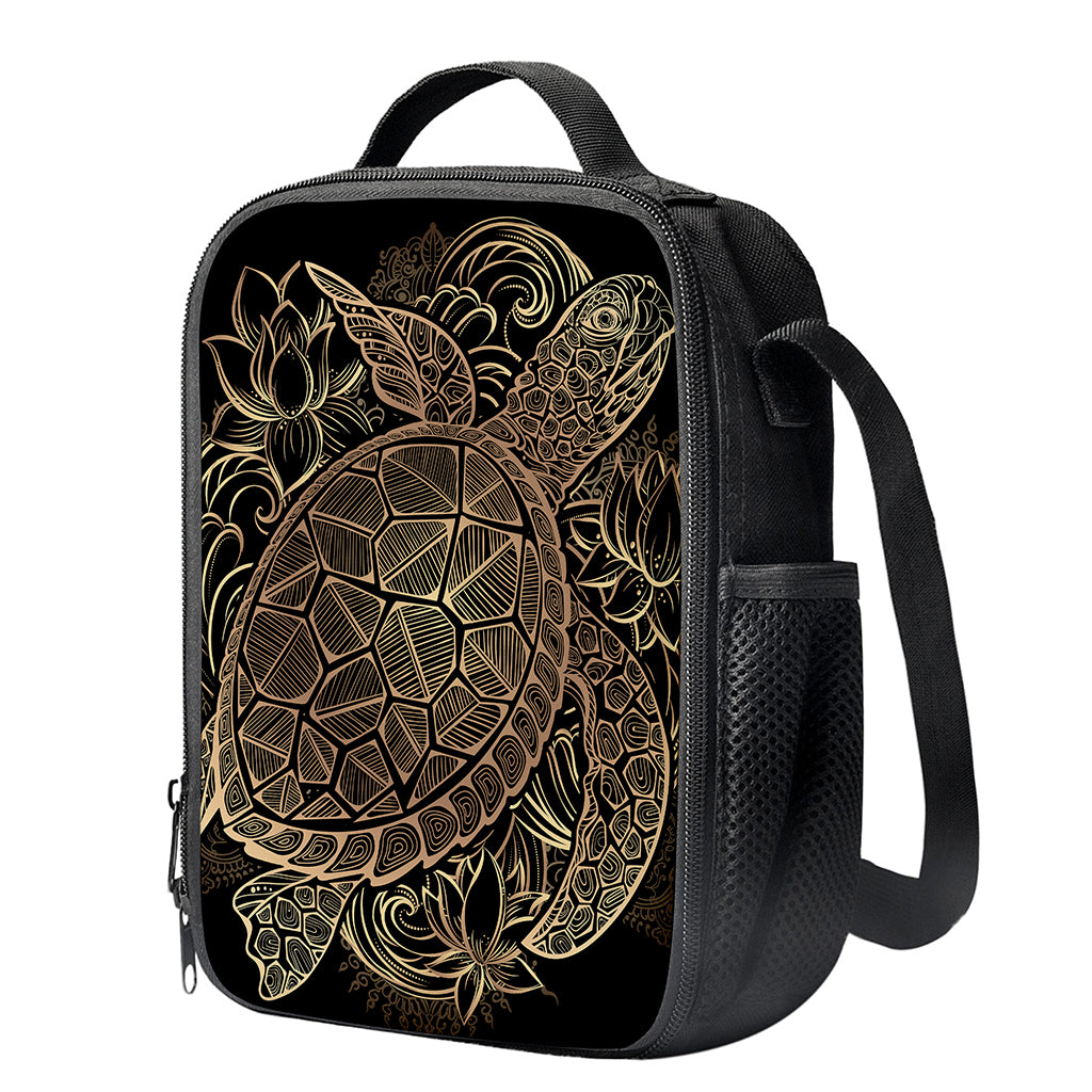 Black And Gold Sea Turtle Print Crossbody Lunch Bag