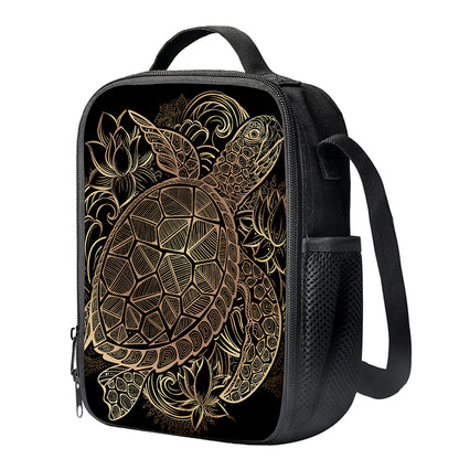 Black And Gold Sea Turtle Print Crossbody Lunch Bag