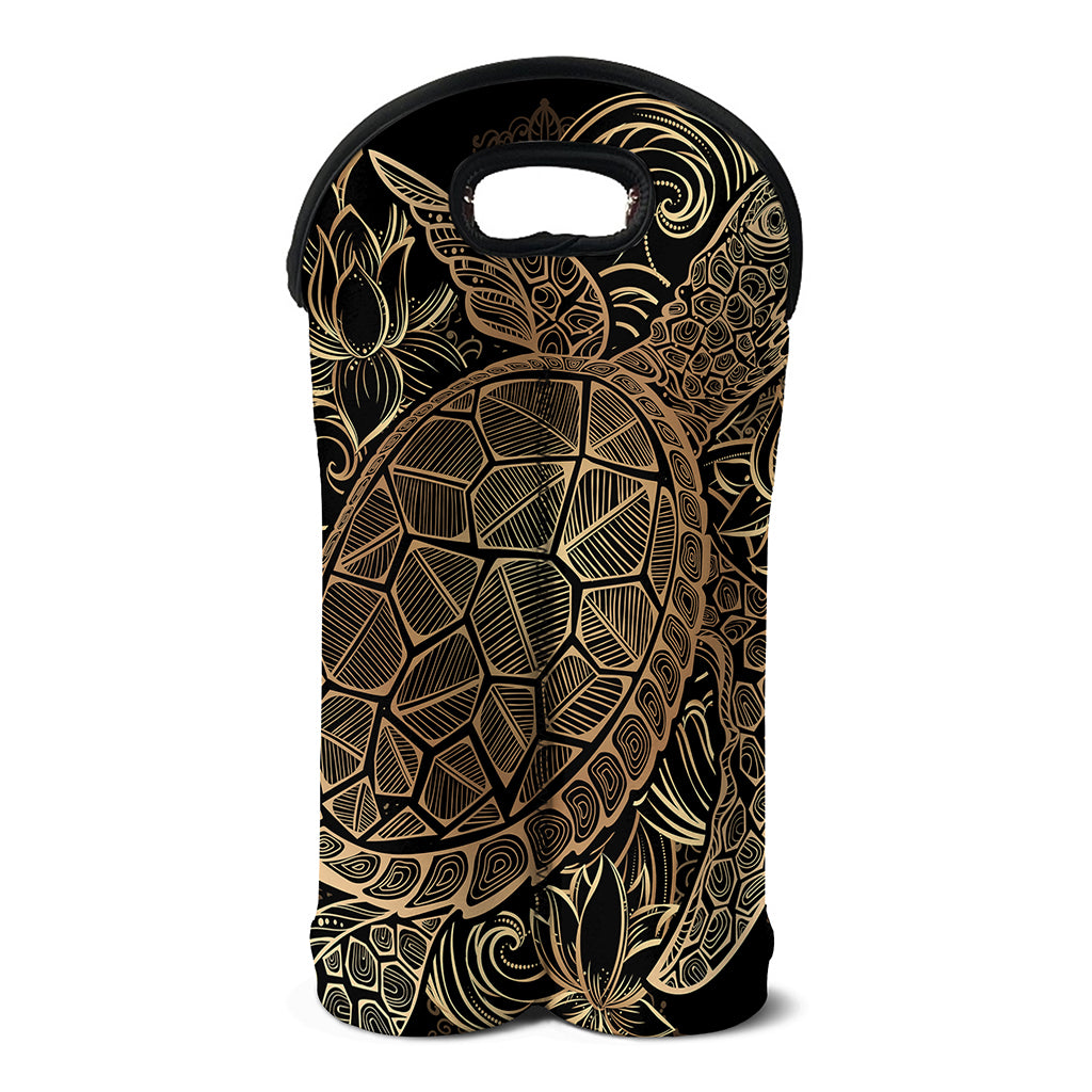 Black And Gold Sea Turtle Print Double Neoprene Wine Tote