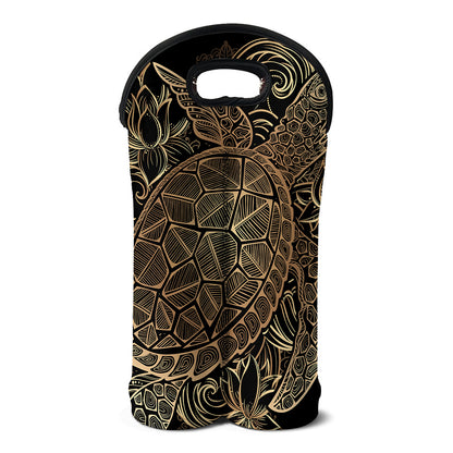 Black And Gold Sea Turtle Print Double Neoprene Wine Tote
