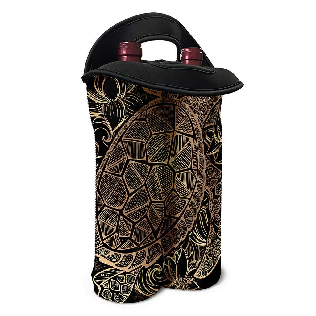 Black And Gold Sea Turtle Print Double Neoprene Wine Tote