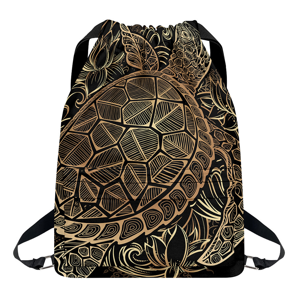 Black And Gold Sea Turtle Print Drawstring Backpack