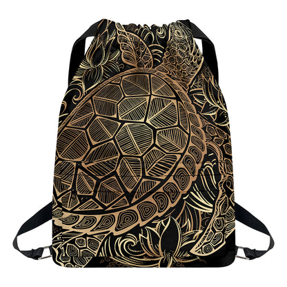 Black And Gold Sea Turtle Print Drawstring Backpack