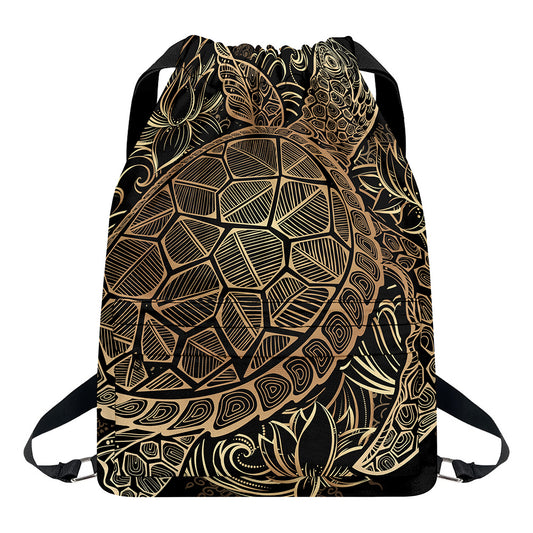 Black And Gold Sea Turtle Print Drawstring Backpack