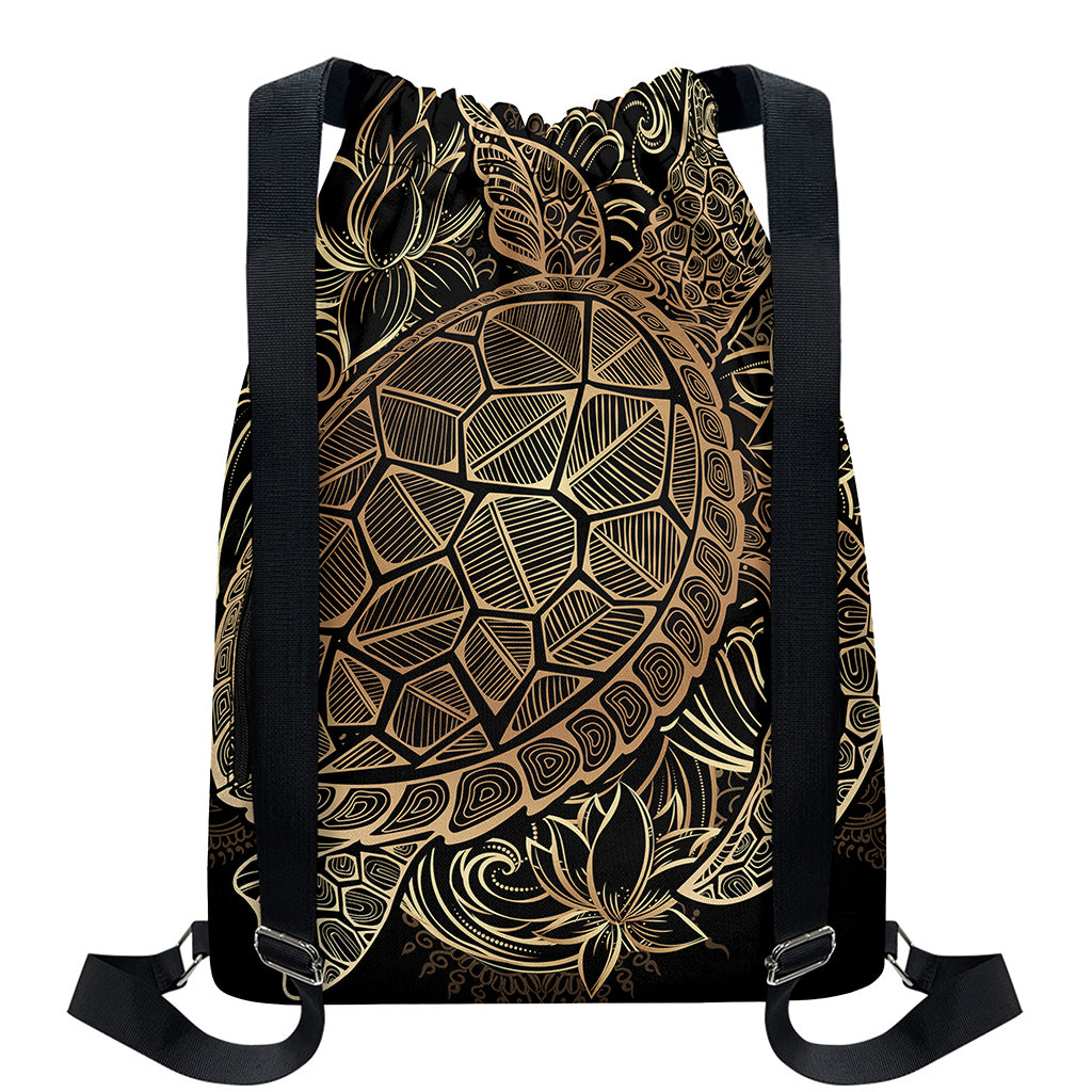 Black And Gold Sea Turtle Print Drawstring Backpack