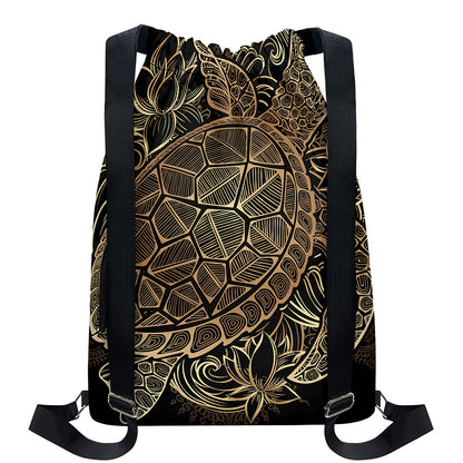 Black And Gold Sea Turtle Print Drawstring Backpack