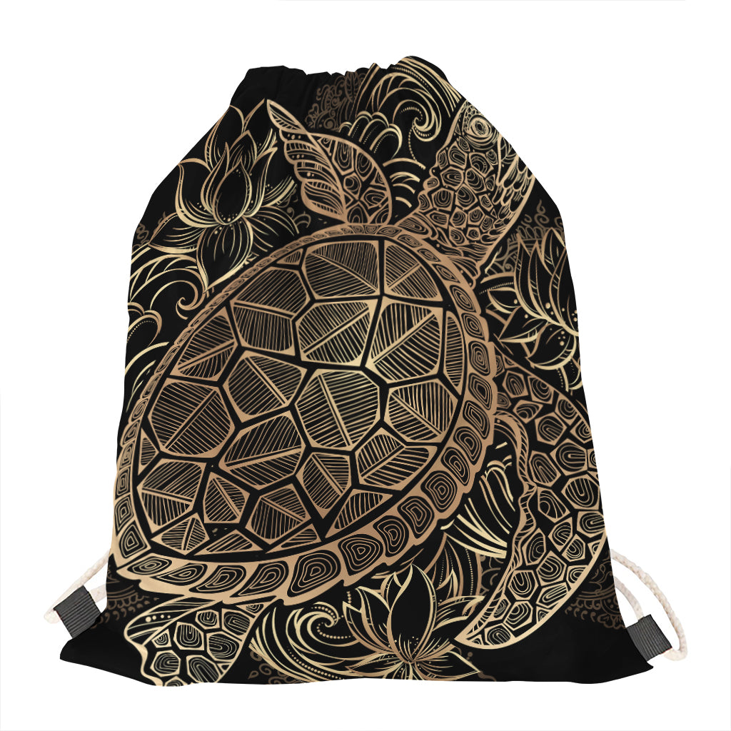 Black And Gold Sea Turtle Print Drawstring Bag