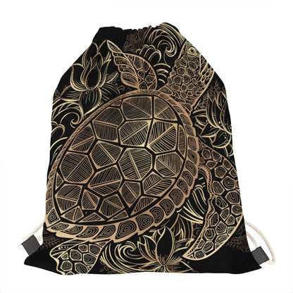 Black And Gold Sea Turtle Print Drawstring Bag