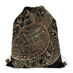Black And Gold Sea Turtle Print Drawstring Bag