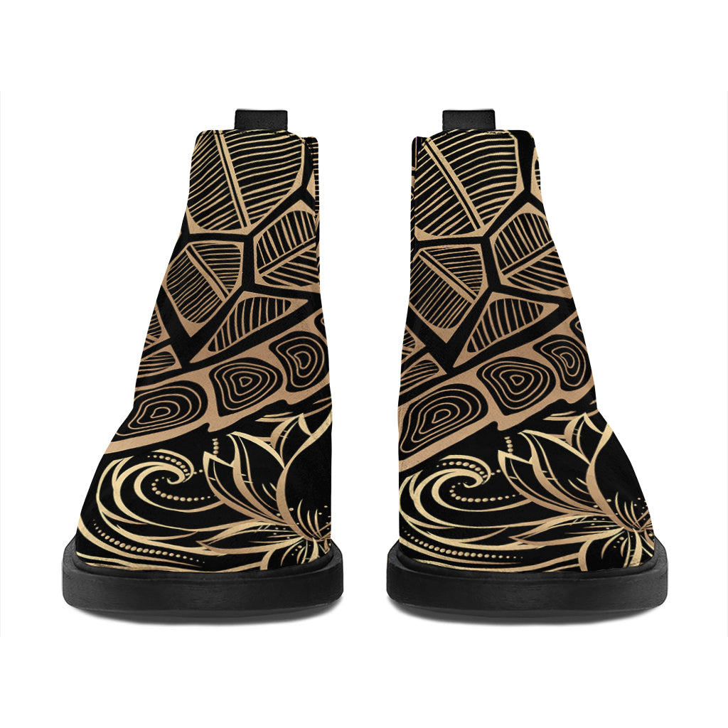 Black And Gold Sea Turtle Print Flat Ankle Boots