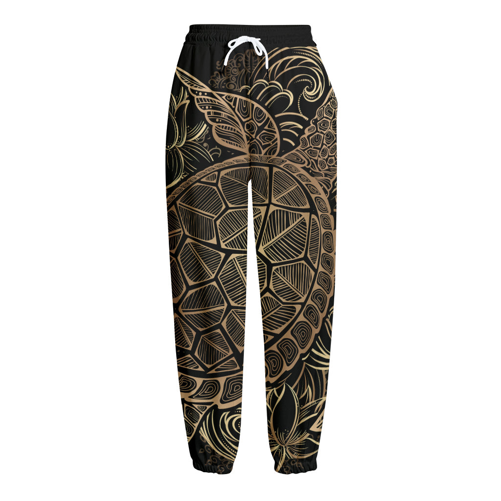 Black And Gold Sea Turtle Print Fleece Lined Knit Pants