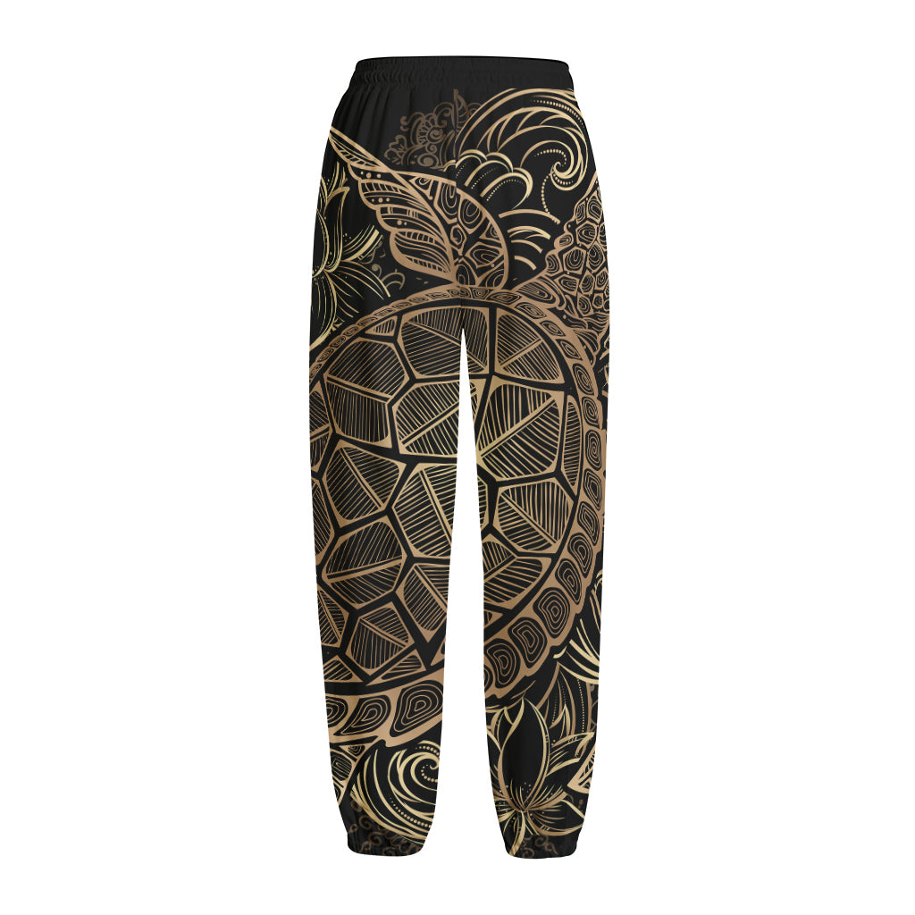 Black And Gold Sea Turtle Print Fleece Lined Knit Pants