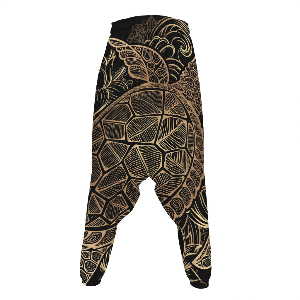 Black And Gold Sea Turtle Print Hammer Pants