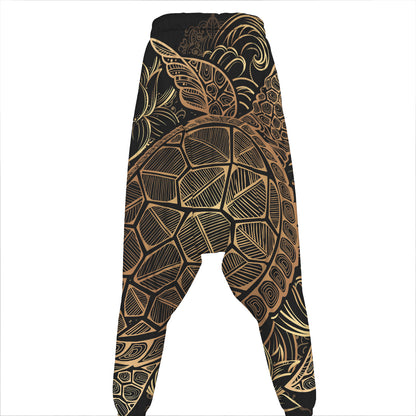 Black And Gold Sea Turtle Print Hammer Pants