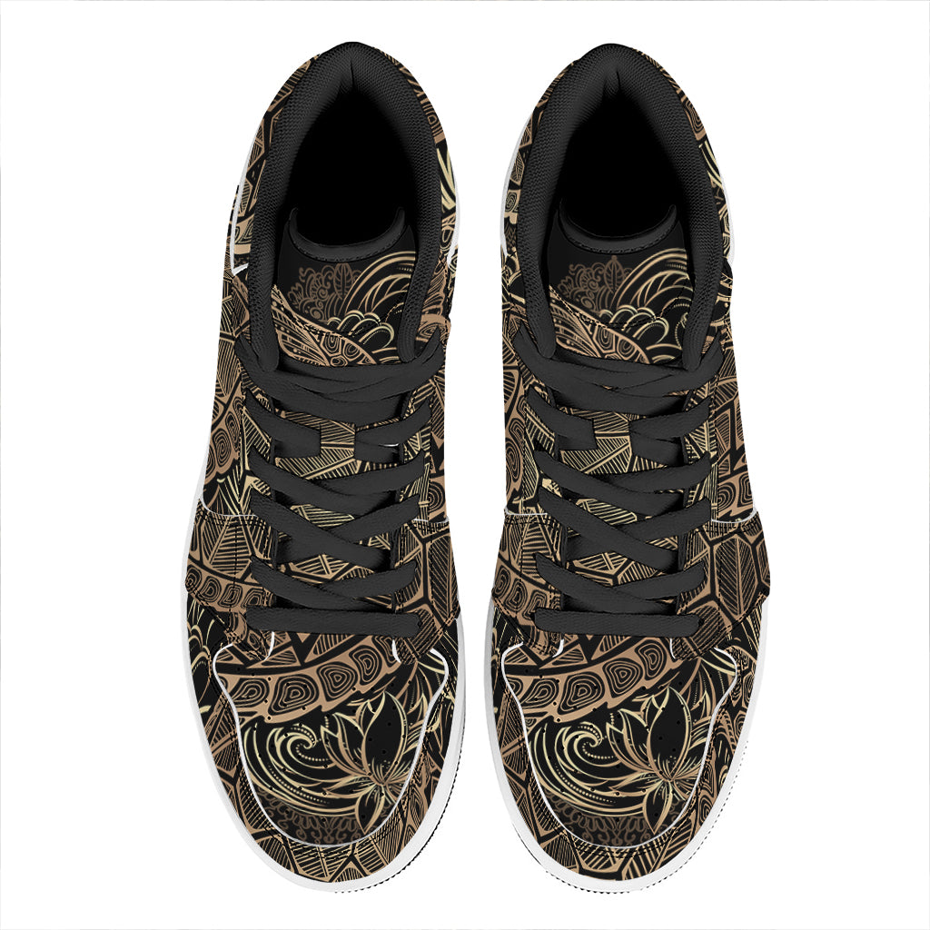 Black And Gold Sea Turtle Print High Top Leather Sneakers