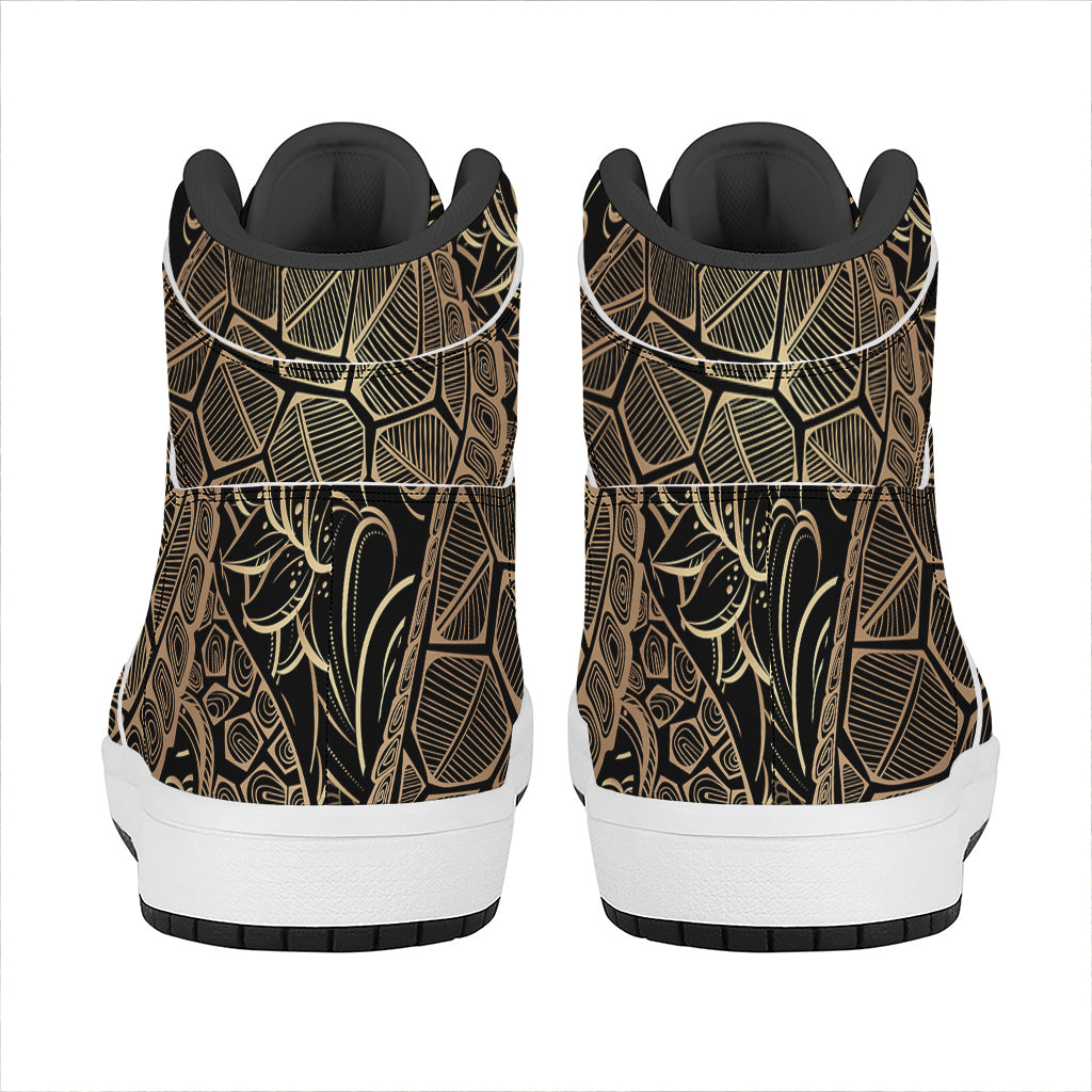 Black And Gold Sea Turtle Print High Top Leather Sneakers