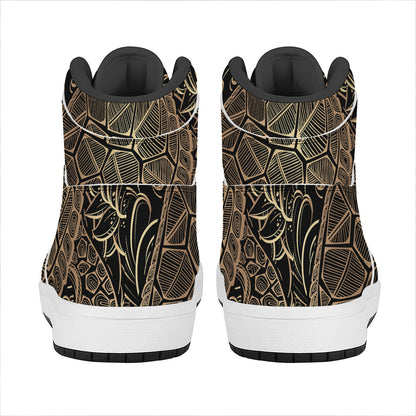 Black And Gold Sea Turtle Print High Top Leather Sneakers
