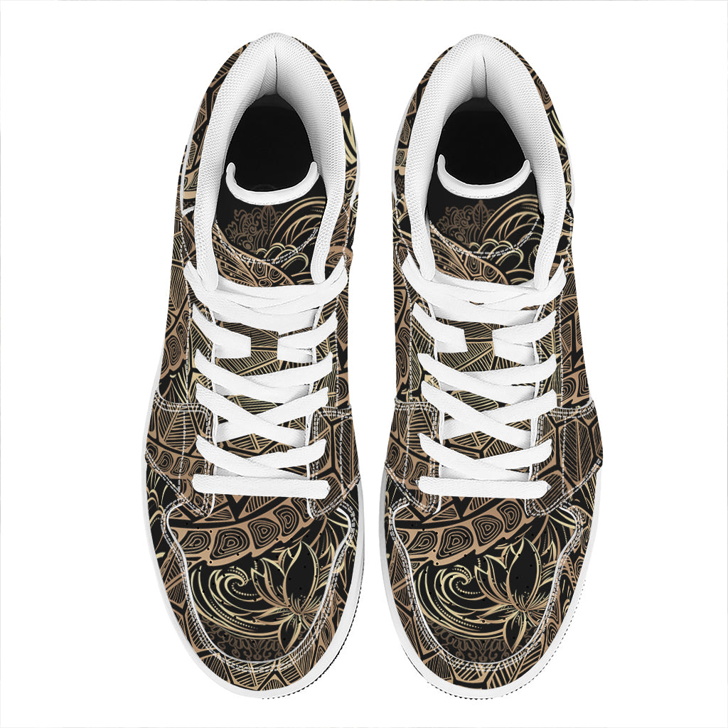 Black And Gold Sea Turtle Print High Top Leather Sneakers