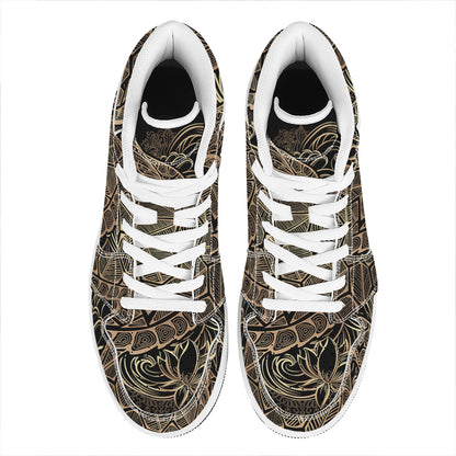Black And Gold Sea Turtle Print High Top Leather Sneakers