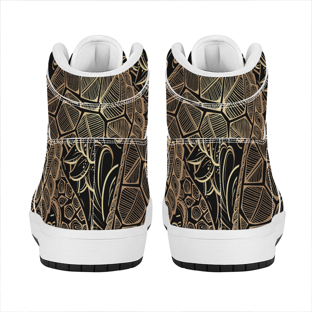 Black And Gold Sea Turtle Print High Top Leather Sneakers