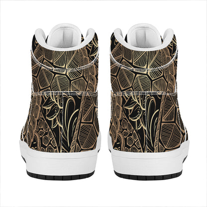 Black And Gold Sea Turtle Print High Top Leather Sneakers