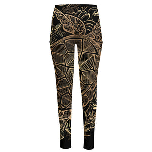 Black And Gold Sea Turtle Print High-Waisted Pocket Leggings