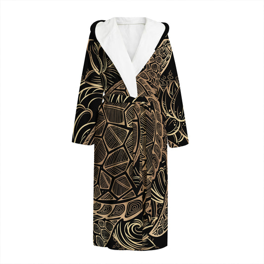 Black And Gold Sea Turtle Print Hooded Bathrobe