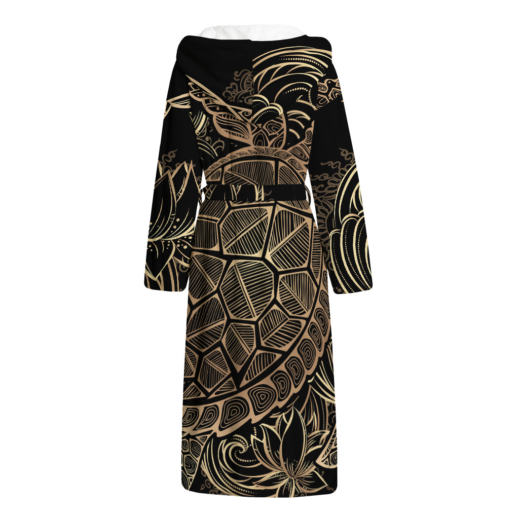 Black And Gold Sea Turtle Print Hooded Bathrobe