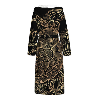 Black And Gold Sea Turtle Print Hooded Bathrobe