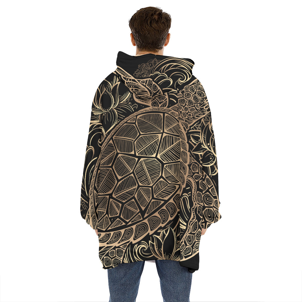 Black And Gold Sea Turtle Print Hoodie Blanket
