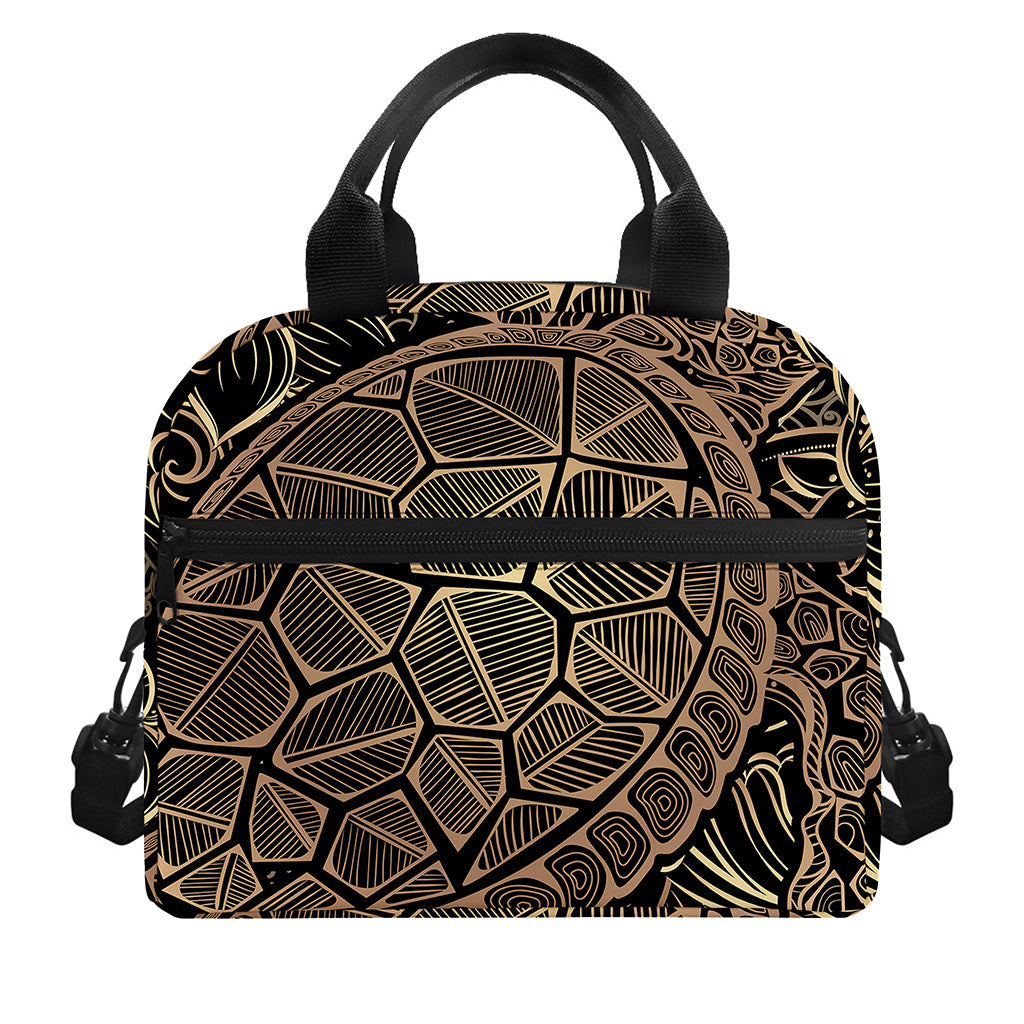Black And Gold Sea Turtle Print Insulated Lunch Bag