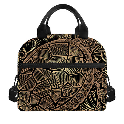 Black And Gold Sea Turtle Print Insulated Lunch Bag