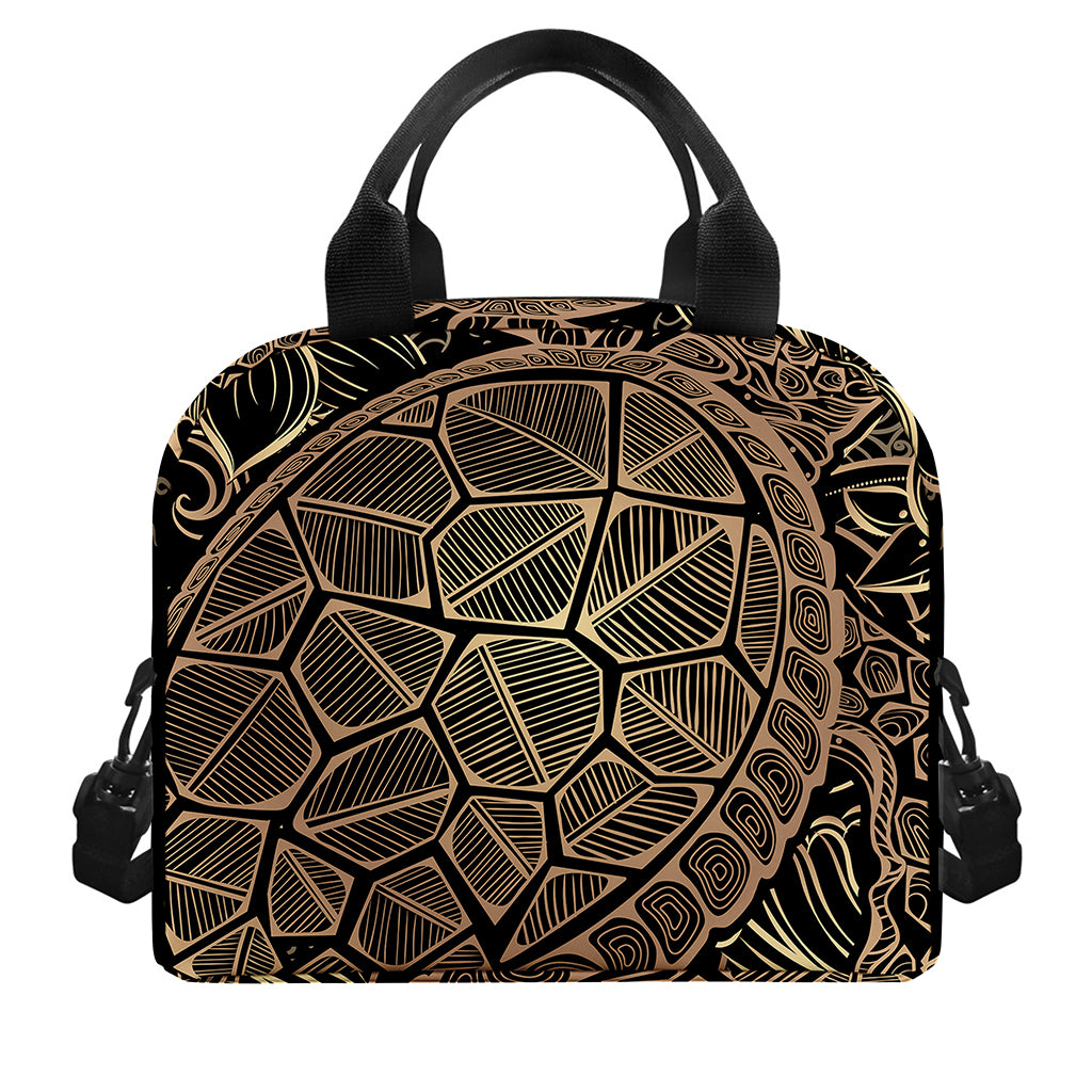 Black And Gold Sea Turtle Print Insulated Lunch Bag