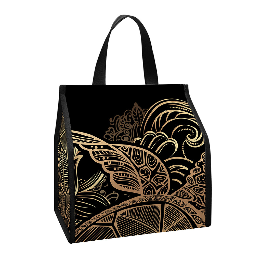 Black And Gold Sea Turtle Print Insulated Lunch Tote