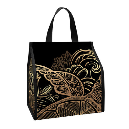 Black And Gold Sea Turtle Print Insulated Lunch Tote