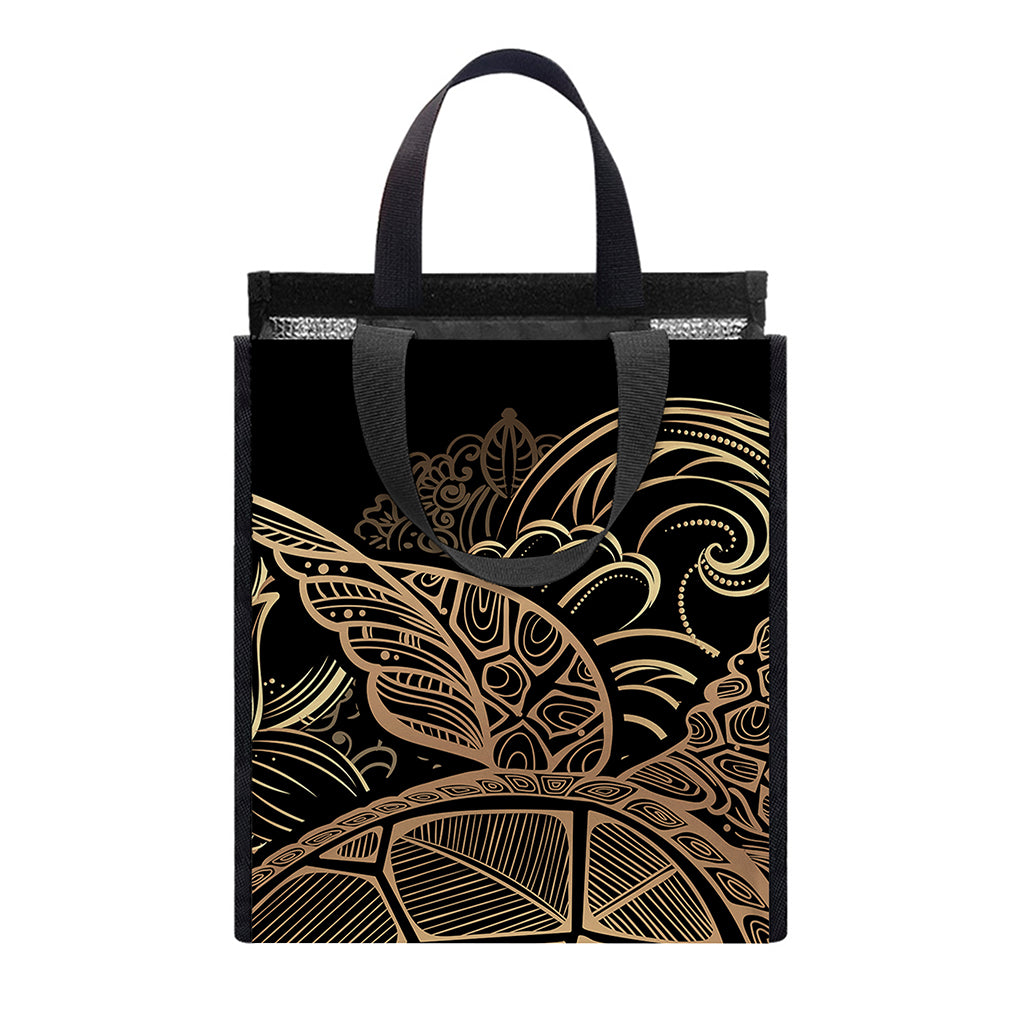 Black And Gold Sea Turtle Print Insulated Lunch Tote