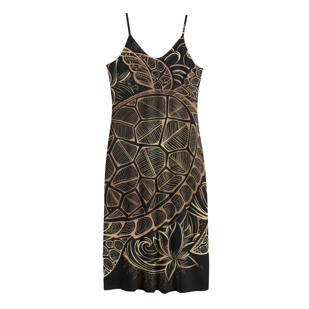 Black And Gold Sea Turtle Print Jersey Midi Cami Dress