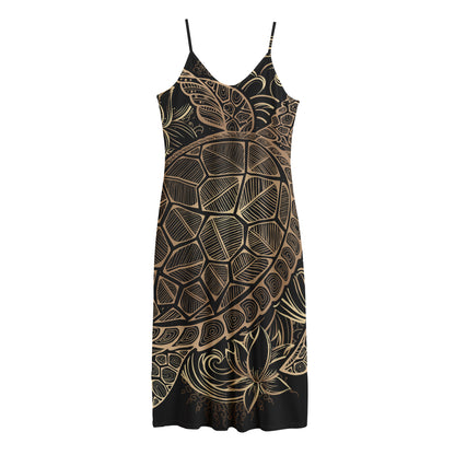 Black And Gold Sea Turtle Print Jersey Midi Cami Dress
