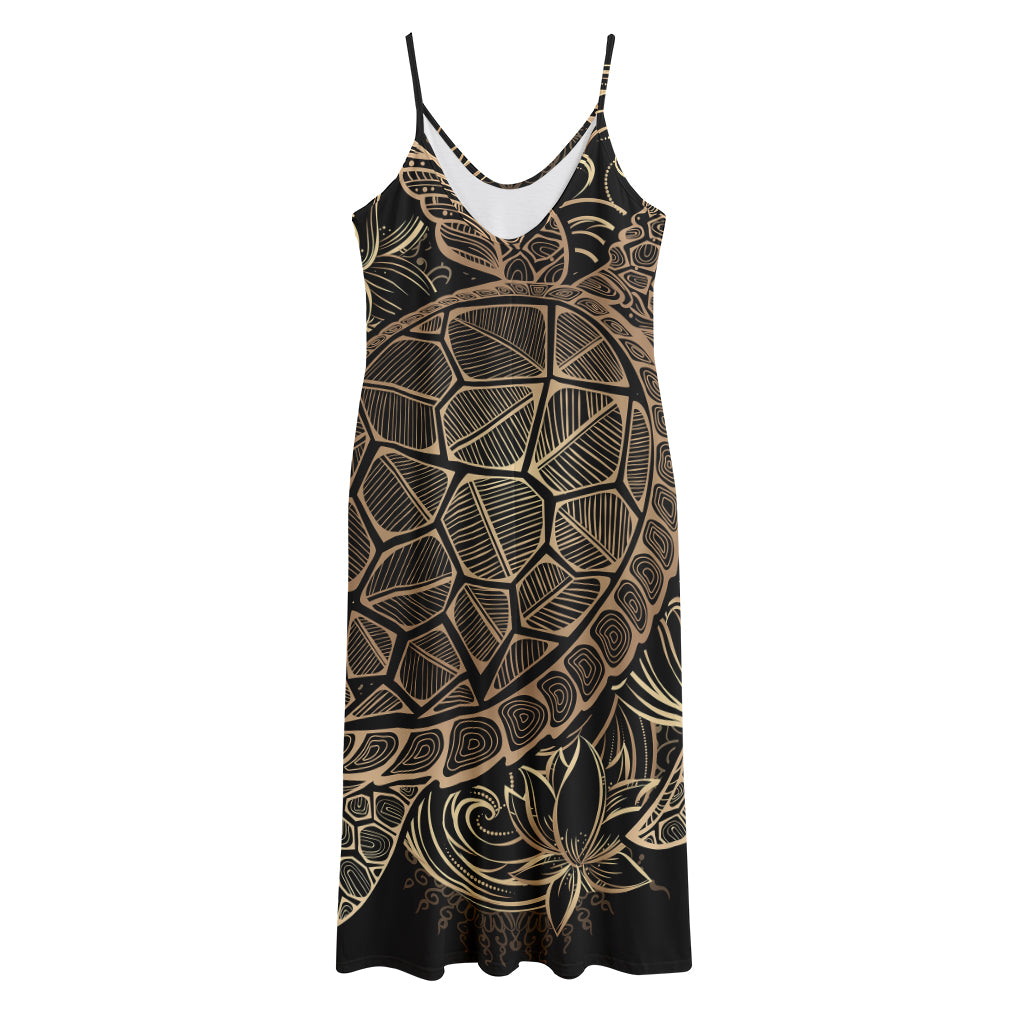 Black And Gold Sea Turtle Print Jersey Midi Cami Dress