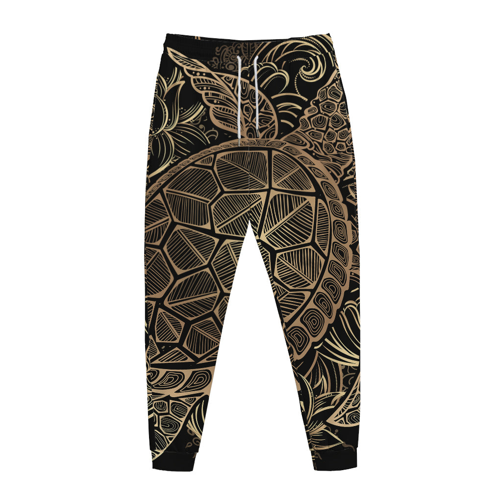 Black And Gold Sea Turtle Print Jogger Pants