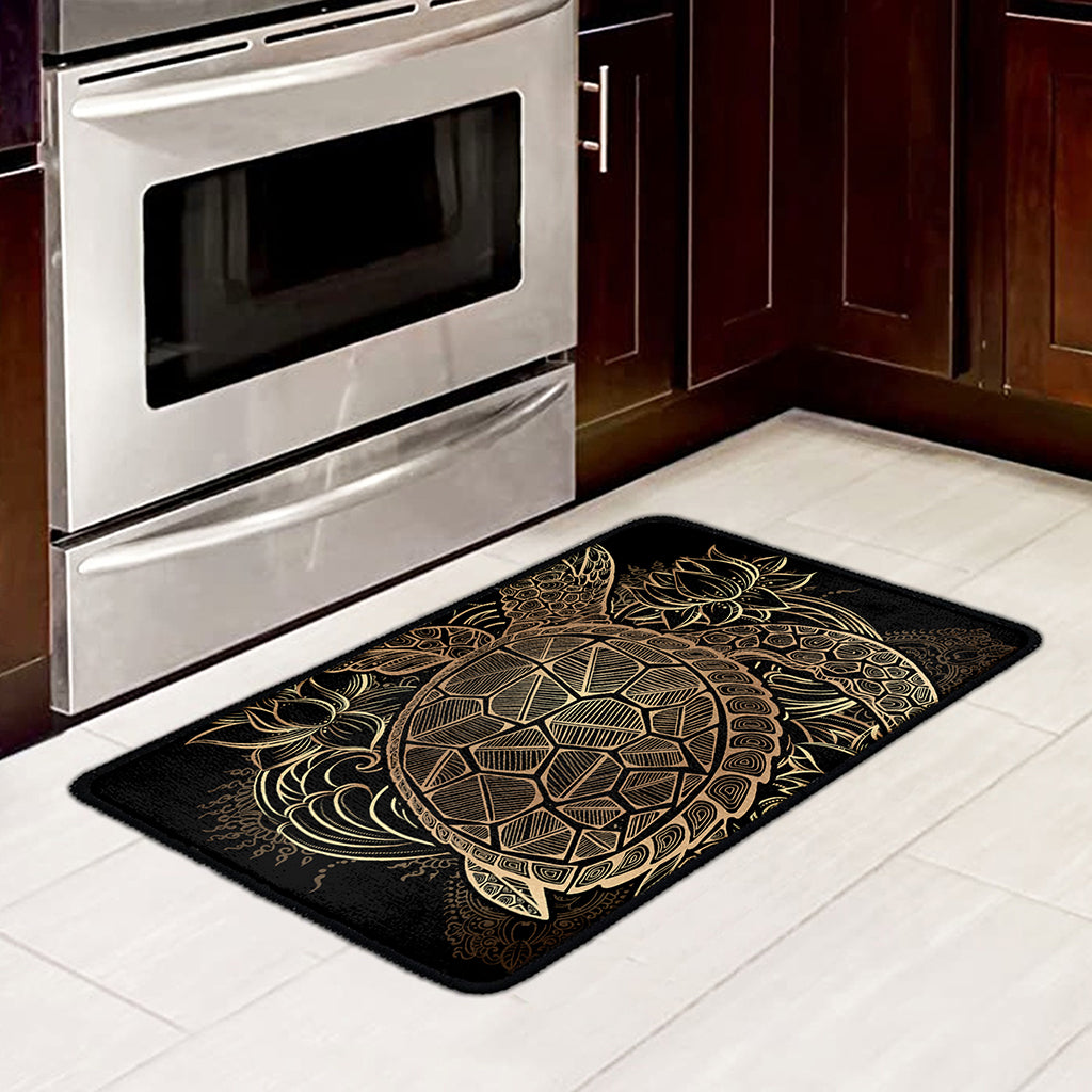 Black And Gold Sea Turtle Print Kitchen Mat