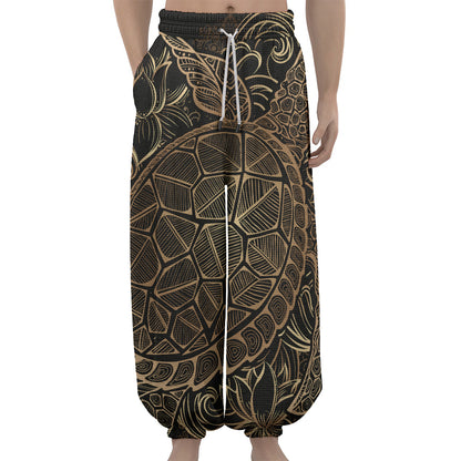 Black And Gold Sea Turtle Print Lantern Pants