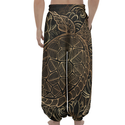 Black And Gold Sea Turtle Print Lantern Pants
