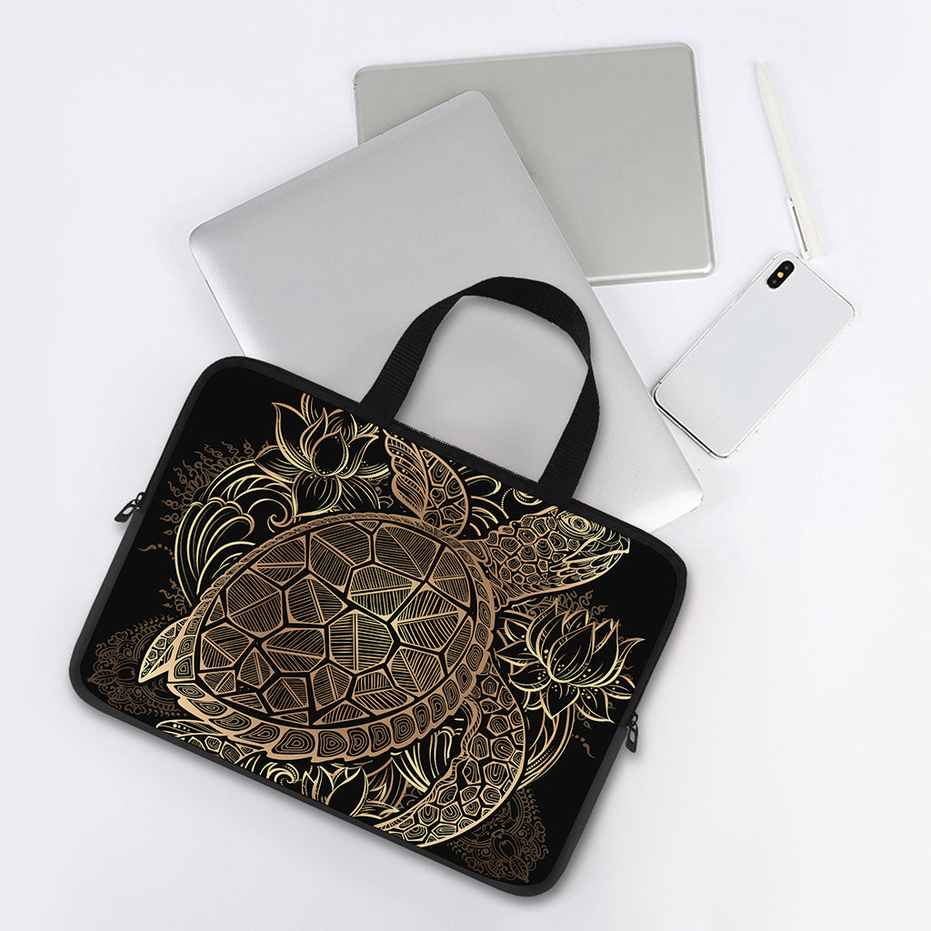 Black And Gold Sea Turtle Print Laptop Sleeve With Handle